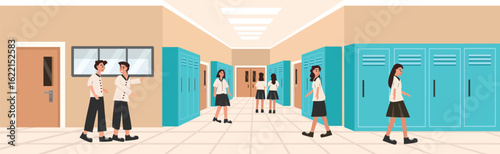 Student activity at school hallway. Classroom. Classmate. Student character. School corridor. School interior. Student locker. 