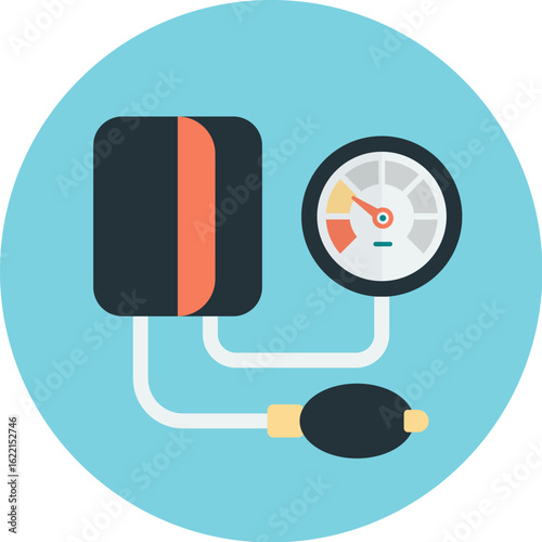 Blood pressure monitor illustration with gauge, cuff, and bulb, set against a light blue circular background.