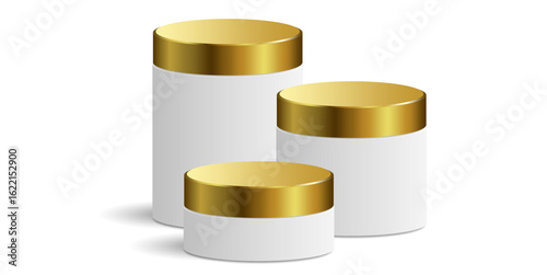 White and gold cylinder podium stage platforms pedestal vector. Ideal for product showcases, awards ceremonies, or luxury presentations. elegant, multi-tiered display for premium items
