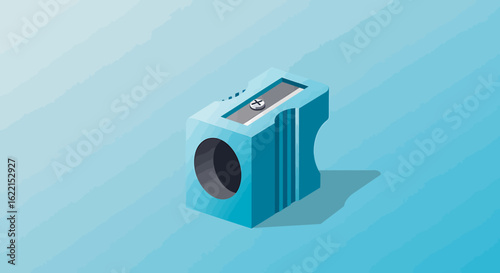 A blue pencil sharpener with a metal blade, depicted in a minimalist style on a gradient blue background.