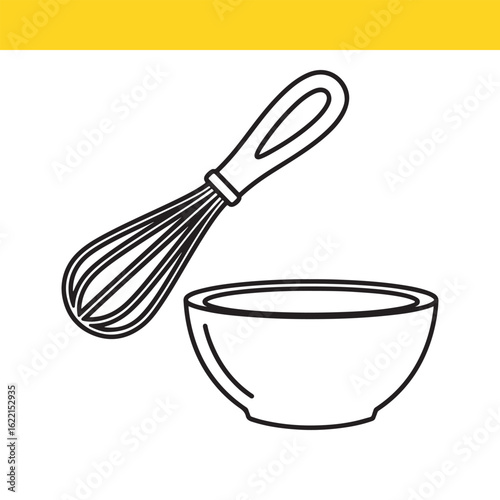 Minimalist line art icon of a wire whisk and mixing bowl, essential kitchen utensils for cooking, baking, and food preparation