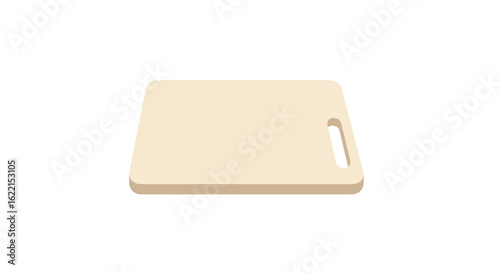 A simple, beige-colored rectangular cutting board with a handle, isolated on white.