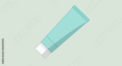A minimalist vector illustration of a generic turquoise cosmetic tube with a white cap, angled on a pale green background.