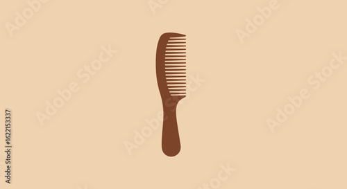 A simple flat illustration of a vertical brown hair comb with a handle, isolated on a light beige background.