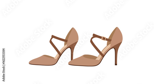A pair of elegant beige high-heeled shoes with brown crisscross ankle straps.
