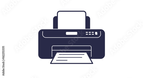 A dark blue icon of an office printer with a blank sheet in the top feeder and a printed document emerging from the bottom.