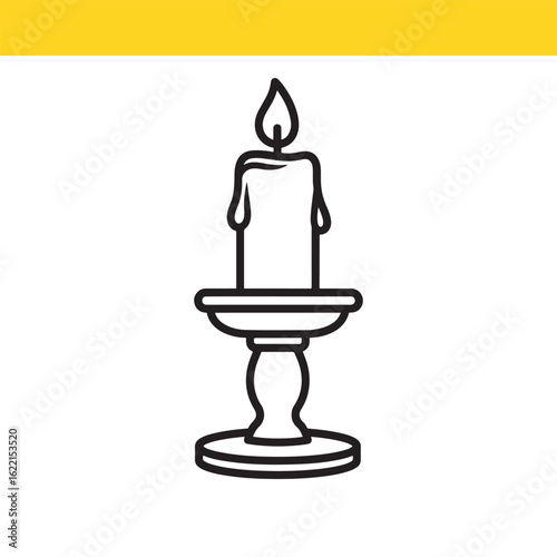 Simple line art icon of a burning candle in a vintage candlestick holder, representing illumination and atmosphere.