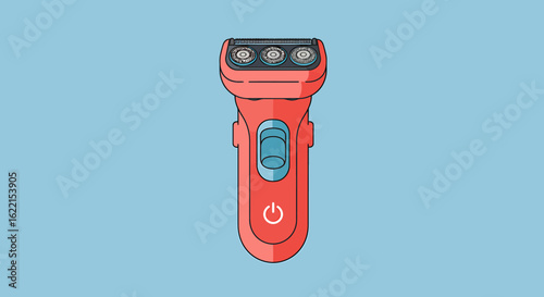 Red electric razor with three shaving heads, power button, isolated on light blue background.