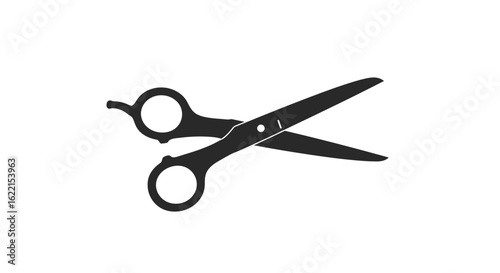 A black silhouette of open professional hairdressing scissors with a finger rest, isolated on a white background.