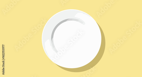 Top view of a clean, empty white dinner plate with a subtle shadow, isolated on a solid yellow background.
