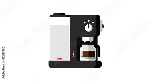 A modern, black coffee maker with a glass carafe, brewing a fresh pot.