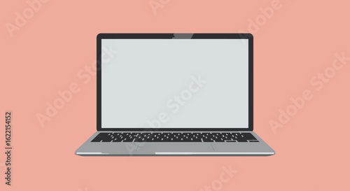 Sleek silver laptop with an empty white screen, presented on a clean, solid peach-colored background.