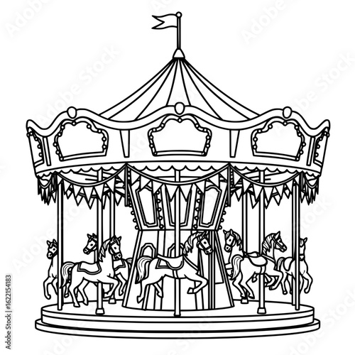 Carousel horse ride in amusement park outlined in doodle line art style