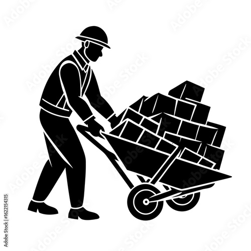 black worker pushing bricks in wheelbarrow clip art preview