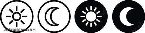 Cad drawing flat vector illustration, sun and moon icon set, day night symbols, dark mode light mode icons, UI elements