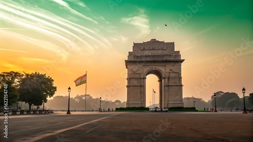 India gate monument in delhi at sunrise isolated on white background