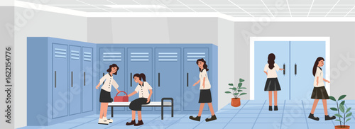 Woman changing room. Woman locker room. Employee locker room. Break time. Lunch time. Locker room entrance.