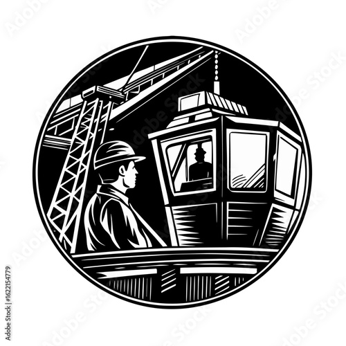 Crane Operator Silhouette Inside Cabin Isolated Black Vector Minimal Icon Illustration