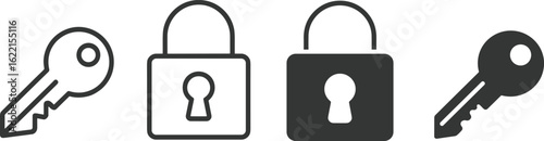 Cad drawing flat vector illustration, key and padlock icon set, black and white secure access symbol, lock and unlock iconsCad drawing flat vector illustration, key and padlock icon set, 