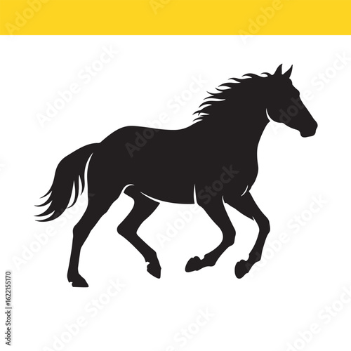 Minimalist black silhouette of a trotting horse in motion. A clean and elegant equestrian symbol isolated on a white background.