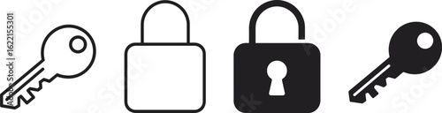 Cad drawing flat vector illustration, black and white key and lock icon set, secure access design, minimal safety symbol graphic