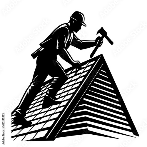 Roofer Silhouette Hammering Shingles on Roof Isolated Black Vector