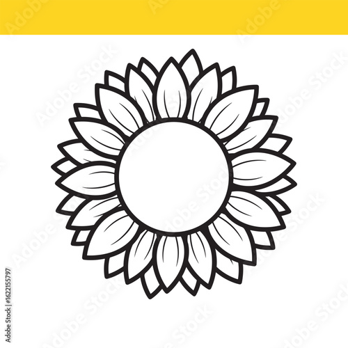 Elegant sunflower line art illustration. A minimalist floral graphic with a blank center for monograms, logos, or summer designs.