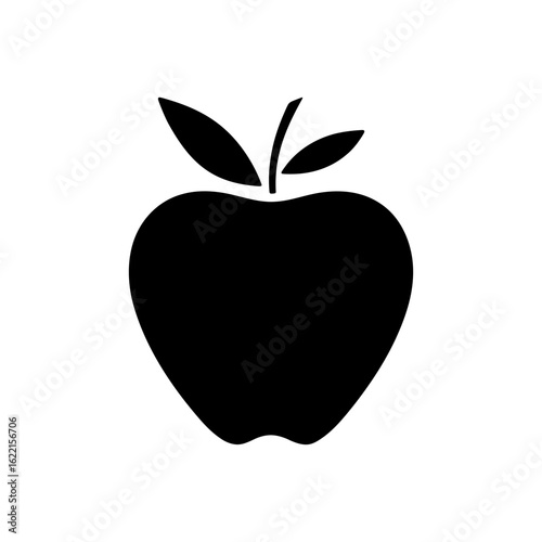 An apple with a leaf, a simple black silhouette isolated on a white background, graphic vector illustration, flat design. Delicious fresh fruit, icon, logo for decoration, design, cover, label