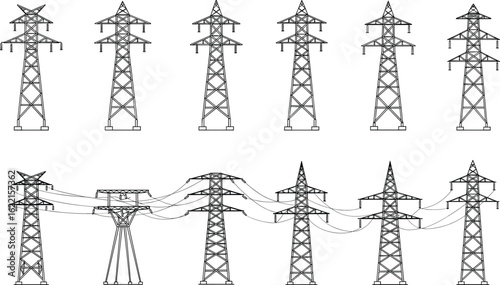 Electric power transmission tower vector set, high voltage pylons, utility pole illustrations, grid network, black line drawing art