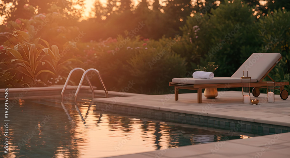 Obraz premium 夕暮れ時の屋外プールサイドに置かれたラグジュアリーなデッキチェアとタオル、キャンドルが演出するリゾートの癒しとリラクゼーション空間のコンセプトビジュアル - 生成AI