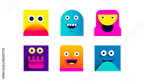 Isolates, vector icons, funny emoticons and animals, 6 pieces, on a white background. Vector illustration, decorative elements for a children's site, landing, notes, web design.