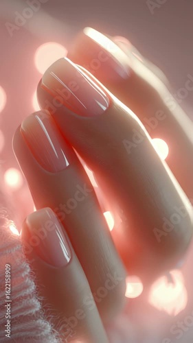 Soft Glam Nail Trend with elegant pink manicure, glossy finish, and delicate hand close-up in warm bokeh lighting, showcasing minimalist beauty styling and timeless feminine self-care inspiration
