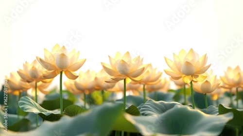 Golden lotus flower bloom sunlight green leaf peaceful nature fresh plant soft light warm atmosphere petals pond water natural scene morning serenity vibrant growth