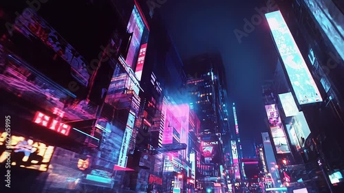 Cars speeding through cyberpunk city street at night with neon signs