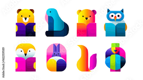 Isolates, vector icons, funny emoticons and animals, 6 pieces, on a white background. Vector illustration, decorative elements for a children's site, landing, notes, web design.