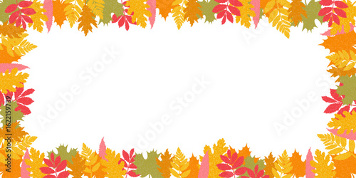 Autumn banner with colorful leaf shapes border. Fall season floral wallpaper