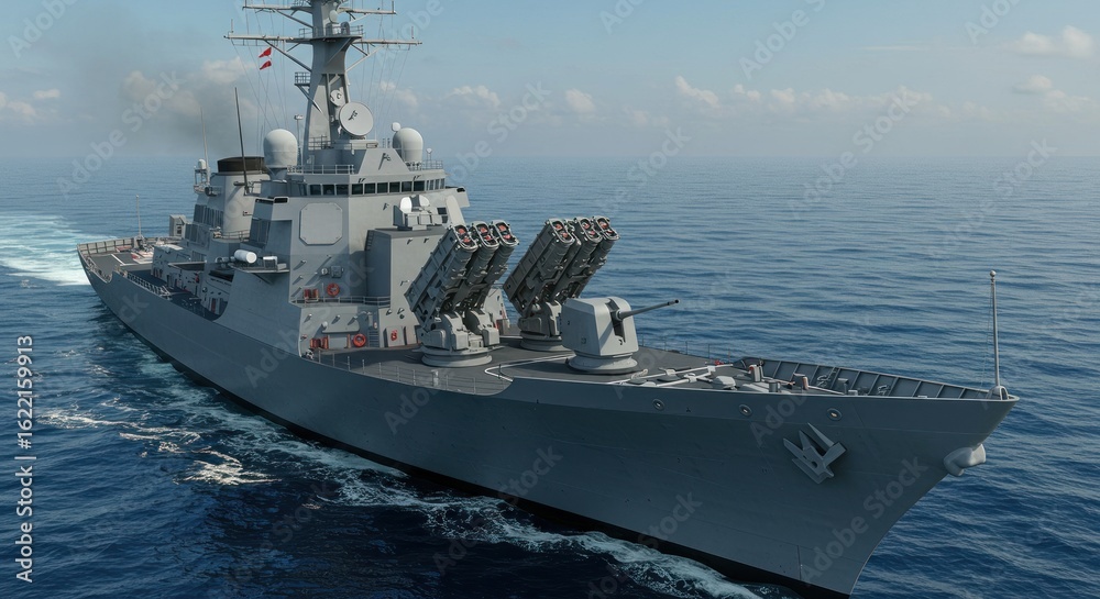 Obraz premium Modern Military Destroyer Afloat on Azure Ocean, Equipped with Advanced Missile Systems