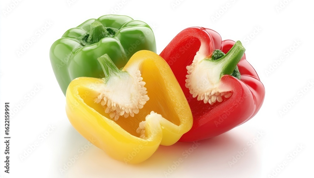 Fresh bell peppers, green, red, and yellow, halved, on white background Fresh bell peppers, green, red, and yellow, halved, on white background