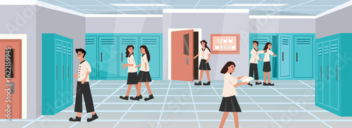 Student activities. School hallway. Student walking. School break time. Classmates. School friends. School interior. Classroom door.