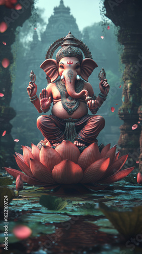 Lord Ganesha meditating, sacred lotus, mystical temple