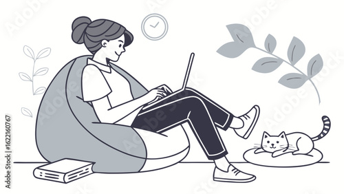 Relaxed Woman Working on Laptop in Bean Bag Chair with Cat Minimalist Line Art Illustration