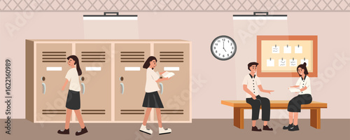 Student talking. College student communication. Student discussion time. Announcement board. Students locker. People sitting beside classroom.