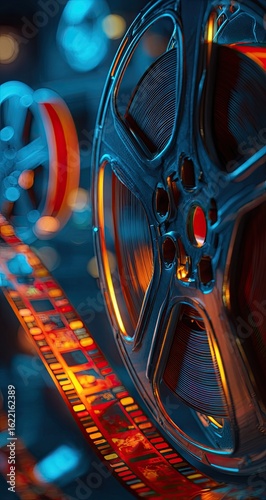 Close-up of vibrant movie film reels in motion.  Colorful film strip with sprocket holes visible.  Dynamic lighting