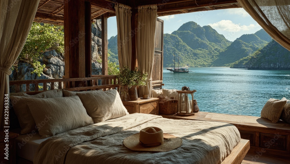 Fototapeta premium Tranquil cabin bedroom with ocean view