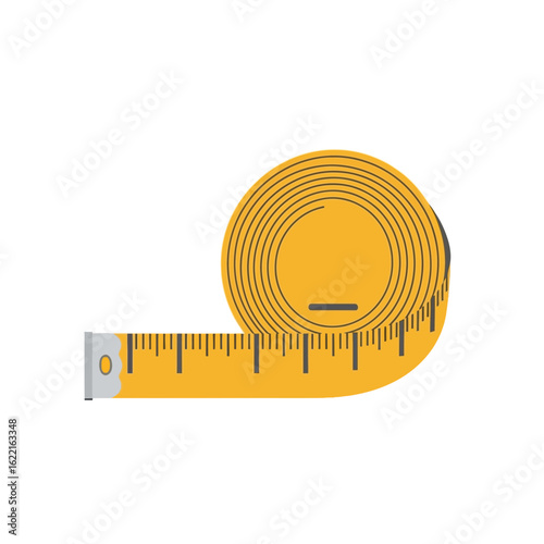 Yellow measuring tape coiled with visible metric and imperial markings on white.