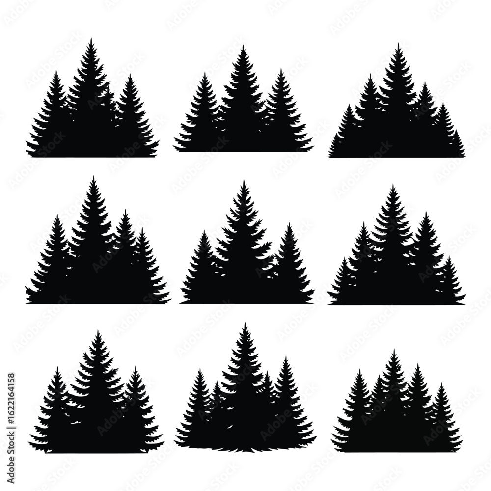 Obraz premium Art of collection of nine black pine tree silhouettes isolated on a white background, representing forest landscapes