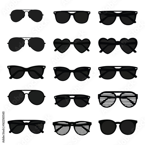 Art of collection of diverse sunglasses styles isolated on white background, featuring aviator, round, heart, and cateye frames