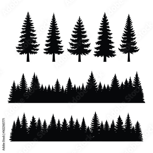 Art of collection of black pine tree silhouettes isolated on white background, showcasing forest landscape elements and individual trees