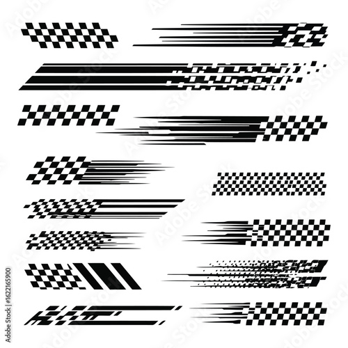 Art of collection of abstract racing stripes and checkered flag elements isolated on white background for automotive design