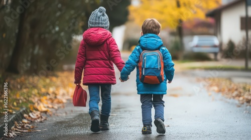 Two children walking hand in hand on a wet street in autumn wearing winter coats and backpacks together
